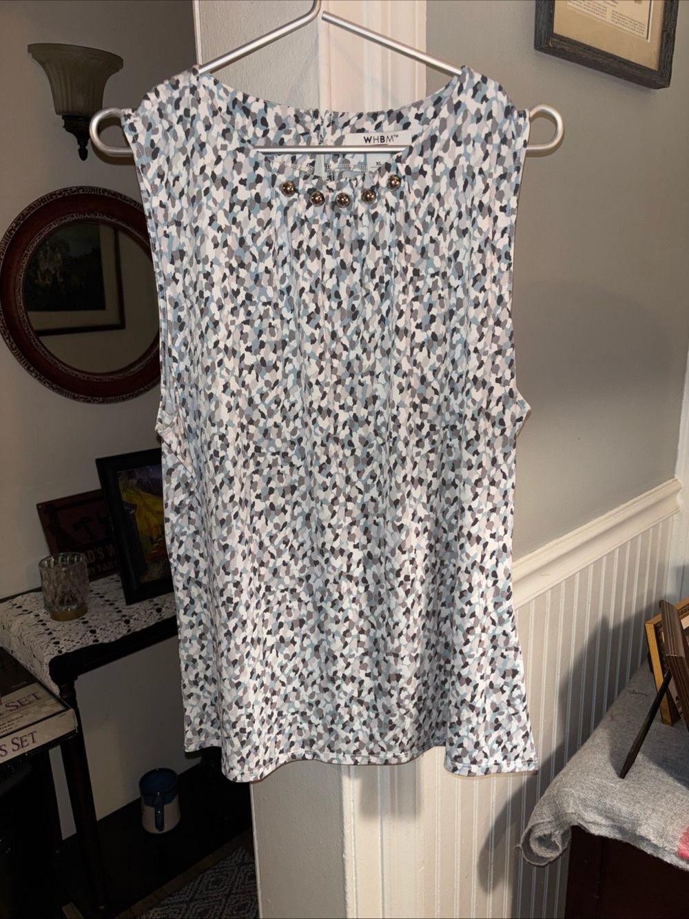 White House Black Market Blue, Gray and White Beaded Neckline Sleeveless Top
